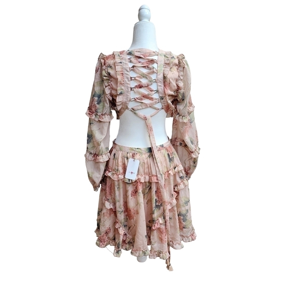 Ruffle Trim Lace-up back Floral Print Deep V-neck Waist Cutout, Size Medium - Picture 4 of 11